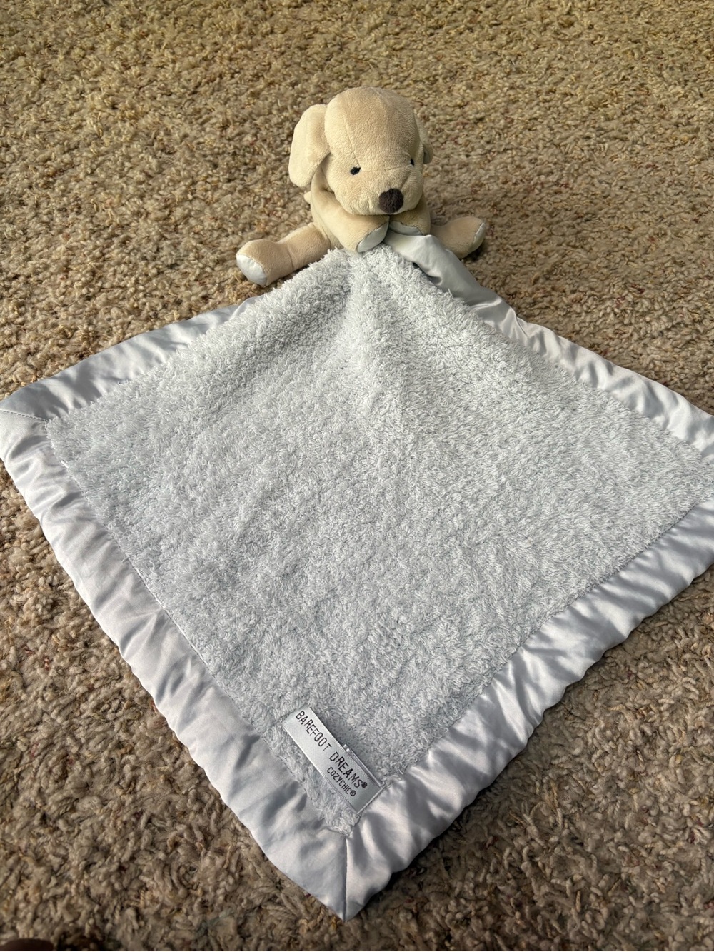 Barefoot Dreams White Plush Satin-Trim Baby Lovey with Puppy Top